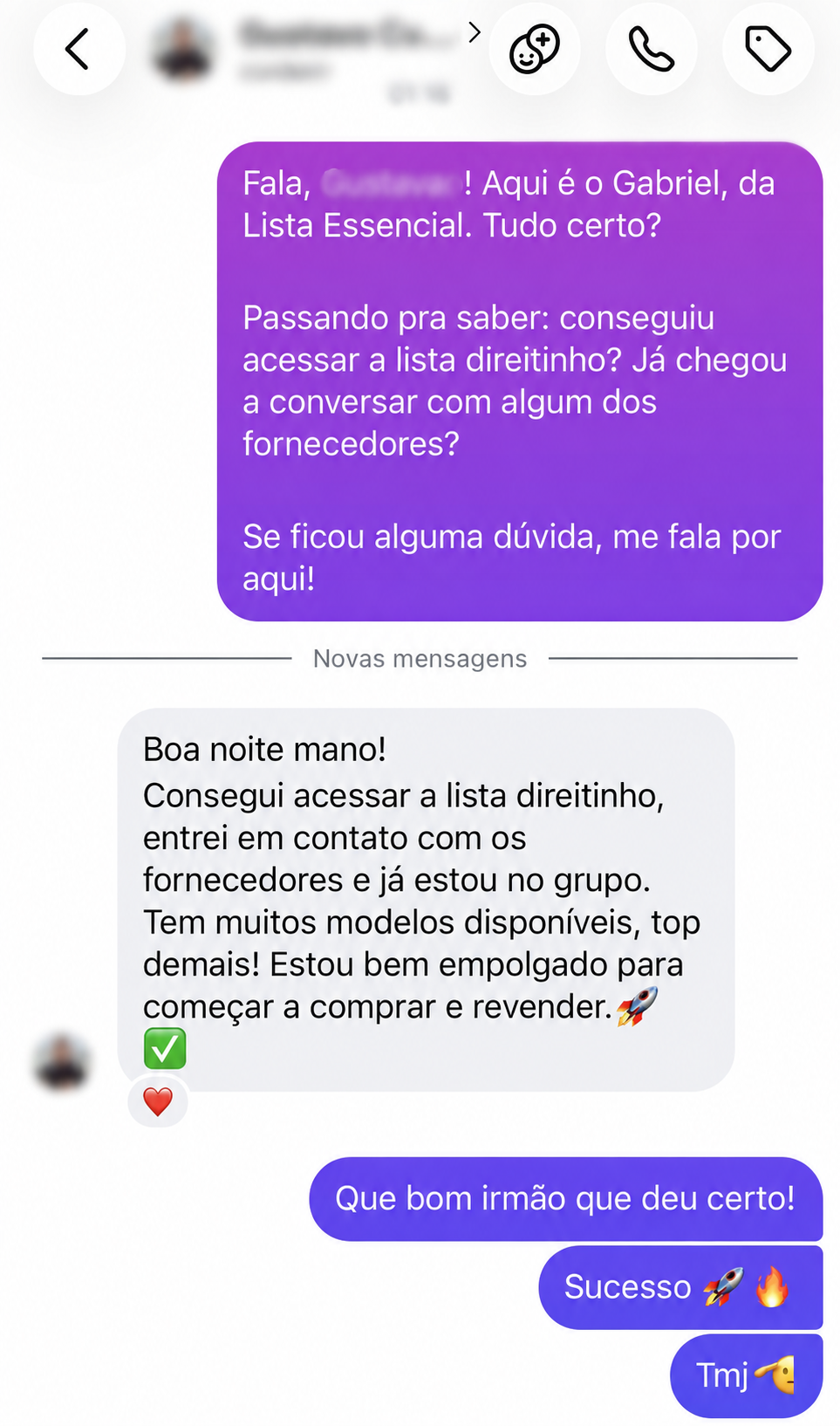 Print de conversa com um cliente da Lista Essencial, com os dados pessoais protegidos.