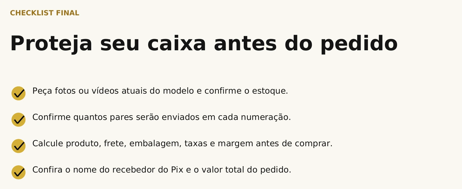 Trecho real do checklist final do PDF com os primeiros itens de verificação antes do pedido.