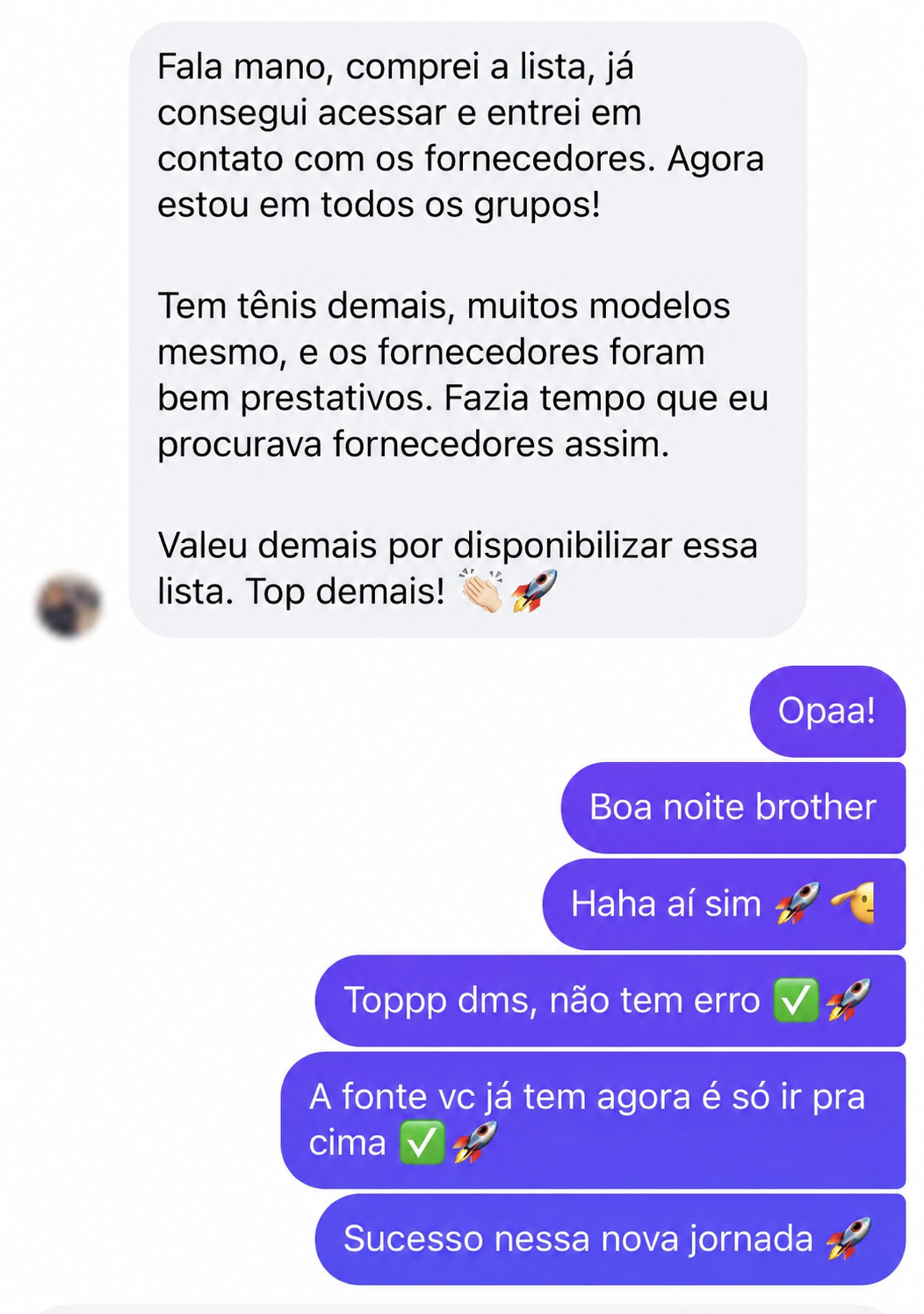 Print de conversa com outro cliente da Lista Essencial, com os dados pessoais protegidos.