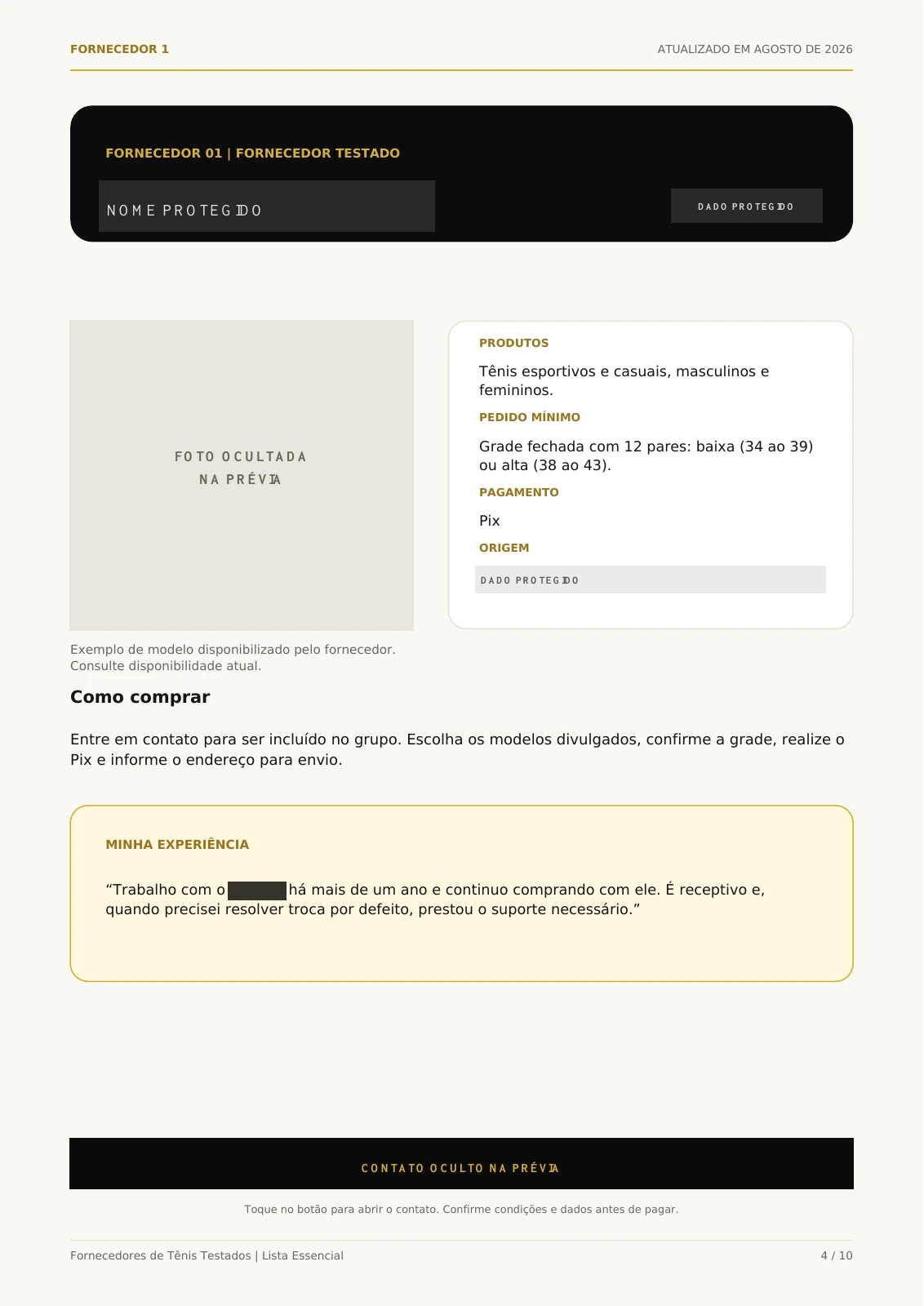 Página real do PDF com a ficha de um fornecedor; nome, localização, foto e contato ocultados nesta prévia.
